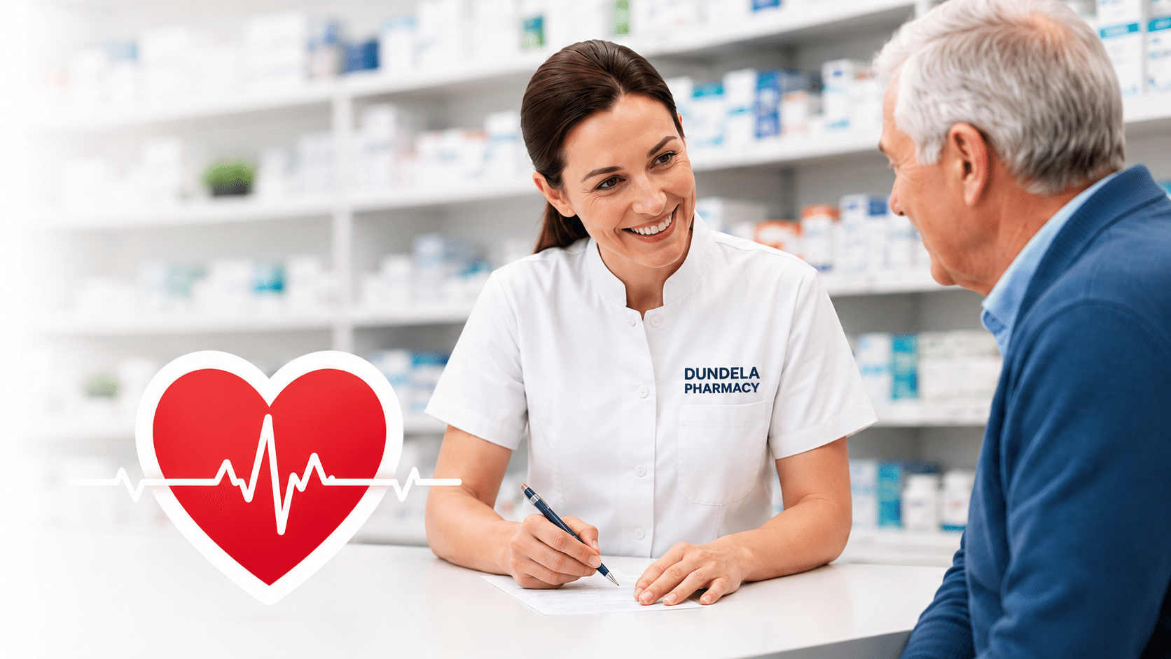 Dundela Pharmacy pharmacist speaking with a patient about cardiovascular health checks