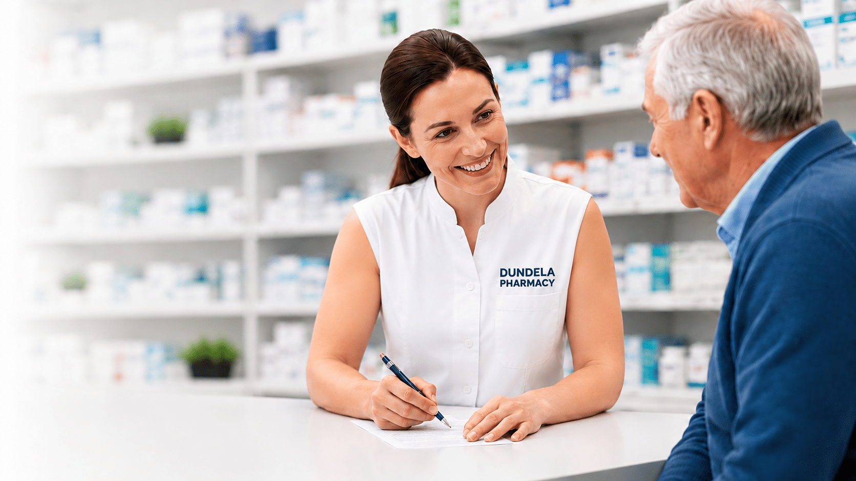 Pharmacist speaking with a patient at Dundela Pharmacy